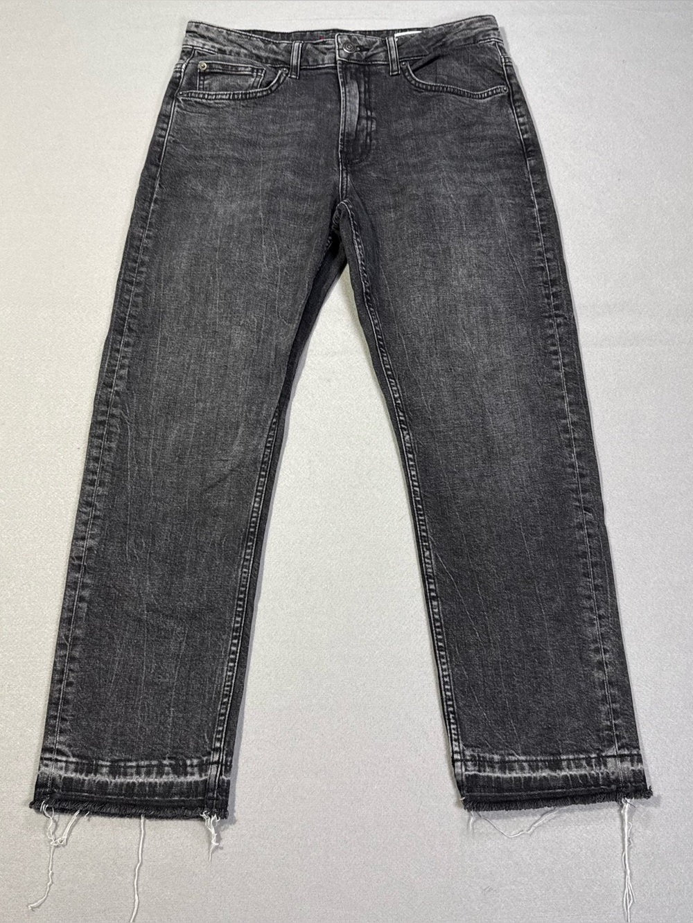 Zara Black Washed Straight Leg Jeans Frayed Hem Cropped Size 6 EU 38